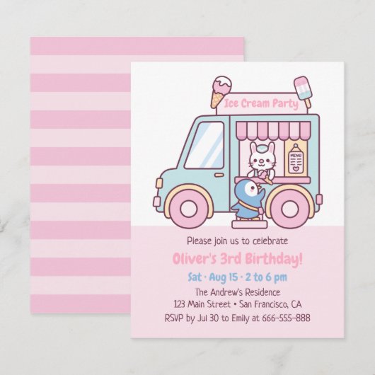 Invitation Cute Pastel Glace Cream Truck Anniversaire de enfa (Devant / Derrière)