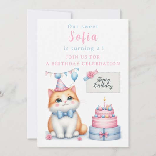 Invitation Cute Pastel Kitten Gâteau d'anniversaire - - Anniv (Devant)