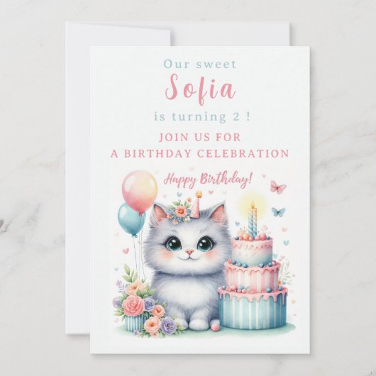 Invitation Cute Pastel Kitten Gâteau d'anniversaire - Anniver (Devant)
