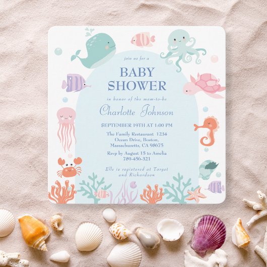 Invitation Cute Pastel Ocean Friends Baby shower bleu