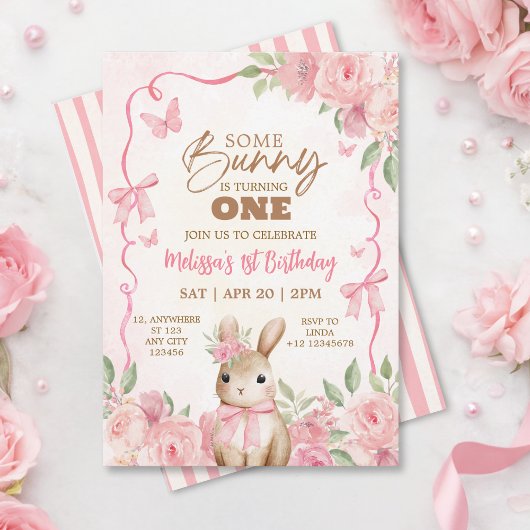 Invitation Cute Pastel Pink Bunny Floral Birthday