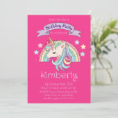 Invitation Cute Pastel Rainbow & Sparkly Unicorn sur Hot Pink (Debout devant)