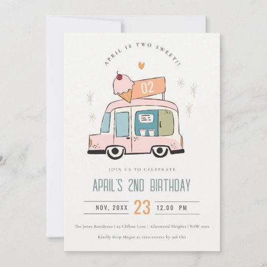 Invitation Cute Pastel Sweet Two Ice Cream Camion 2e annivers (Devant)
