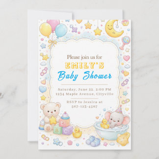 Invitation Cute Pastel Teddy Bear & Elephant Baby Shower 