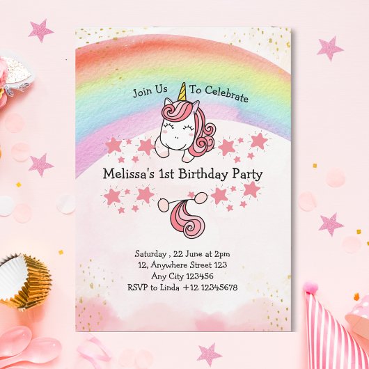 Invitation Cute Pastel Unicorn & Rainbow Premier anniversaire