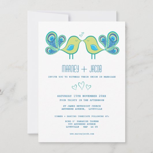 Invitation Cute Peacock Inséparables Coeurs Mariage (Devant)