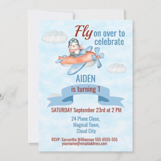 Invitation Cute Penguin avion bleu 1er anniversaire Invitatio (Devant)