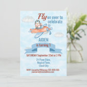 Invitation Cute Penguin avion bleu 1er anniversaire Invitatio (Debout devant)