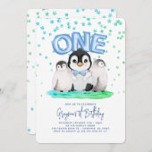 Invitation Cute Penguin Boys 1er anniversaire (Devant / Derrière)