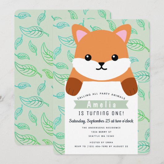 Invitation Cute Petit Fox Enfants Premier anniversaire (Devant / Derrière)