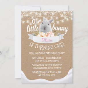 Invitation Cute Petit Lapin Rustique Kraft Premier Anniversai