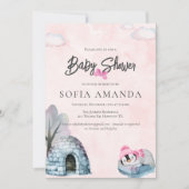 Invitation Cute Petit Pingouins Aquarelle Baby shower rose (Devant)