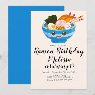 Invitation Cute Pho Ramen Oriental d'anniversaire Dîner Bleu