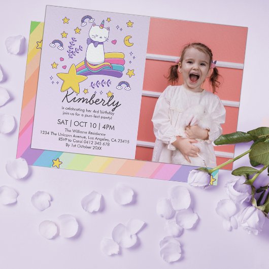 Invitation Cute Photo Unicorn Chat Anniversaire de enfant Par
