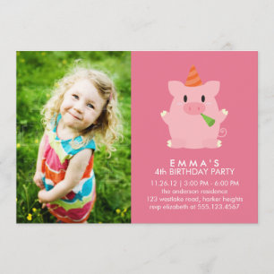Invitation Cute Pig Photo personnalisée Fête d'anniversaire