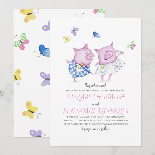 Invitation Cute Pigs Couple Élégant et romantique Mariage (Devant / Derrière)