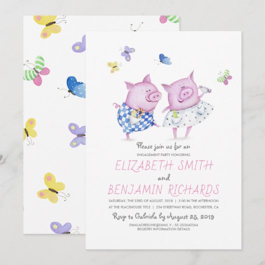 Invitation Cute Pigs Couple Sweet Engagement Party (Devant / Derrière)