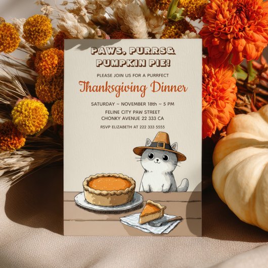 Invitation Cute Pilgrim Cat Purrfect Thanksgiving Dinner