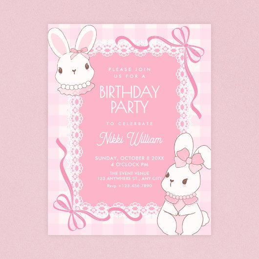 Invitation Cute pink bow bunny birthday