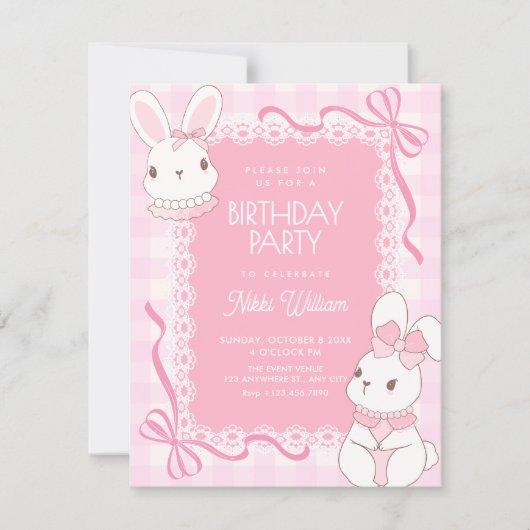 Invitation Cute pink bow bunny birthday (Devant)