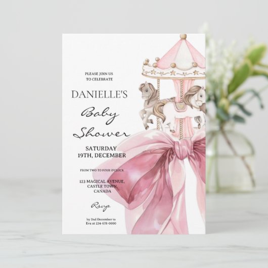 Invitation Cute Pink Bow ⎮Carousel Girl Baby Shower (Debout devant)
