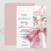 Invitation Cute Pink Bow ⎮Carousel Girl Baby Shower (Devant / Derrière)