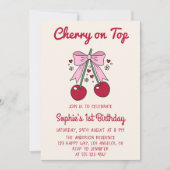 Invitation Cute Pink Bow Cherry on Top 1st Birthday (Devant)