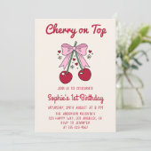 Invitation Cute Pink Bow Cherry on Top 1st Birthday (Debout devant)