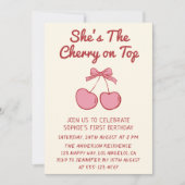 Invitation Cute Pink Bow Cherry on Top First Birthday (Devant)