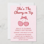 Invitation Cute Pink Bow Cherry on Top First Birthday (Devant)
