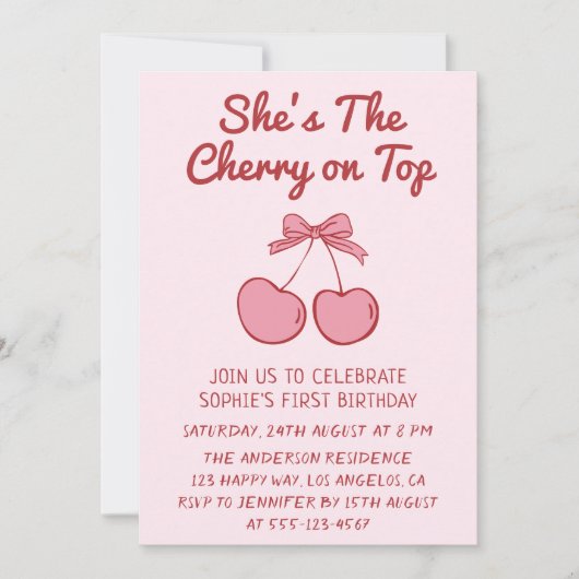 Invitation Cute Pink Bow Cherry on Top First Birthday (Devant)