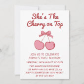 Invitation Cute Pink Bow Cherry on Top First Birthday (Devant)