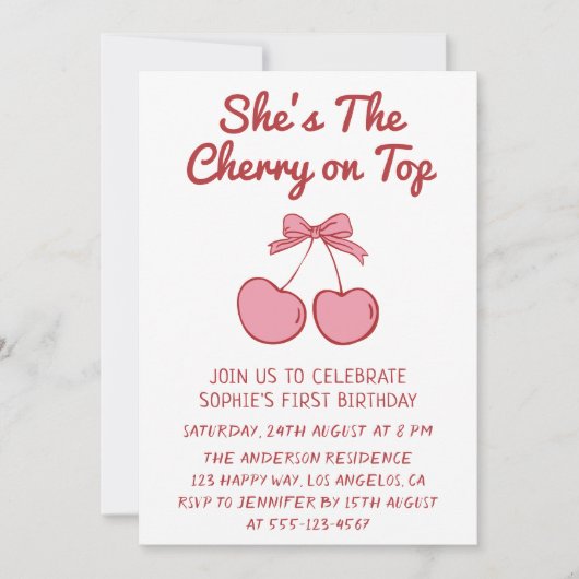 Invitation Cute Pink Bow Cherry on Top First Birthday (Devant)