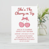 Invitation Cute Pink Bow Cherry on Top First Birthday (Debout devant)