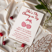 Invitation Cute Pink Bow Cherry on Top First Birthday