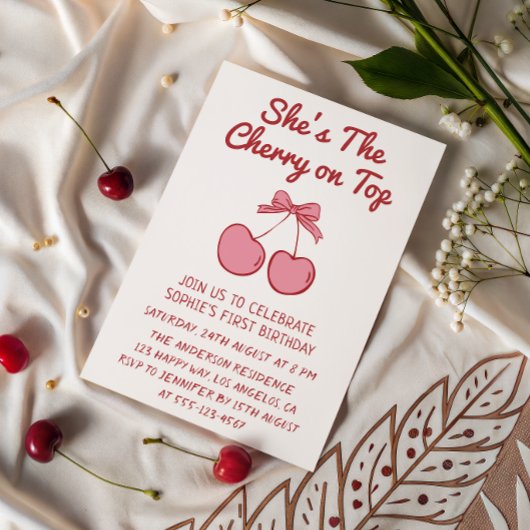 Invitation Cute Pink Bow Cherry on Top First Birthday
