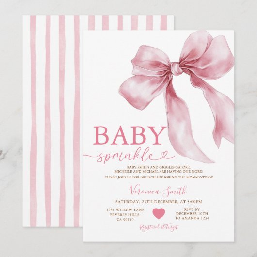 Invitation Cute Pink Bow Coquette Baby Sprinkle Baby Shower (Devant / Derrière)
