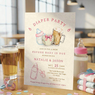 Invitation Cute Pink Bow Diaper Beer Baby Shower