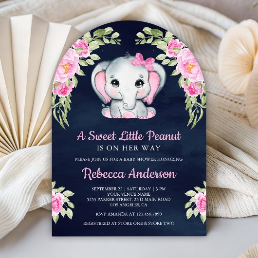 Invitation Cute Pink Bow Floral Elephant Navy Baby Shower