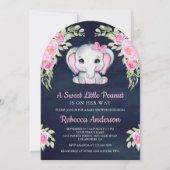 Invitation Cute Pink Bow Floral Elephant Navy Baby Shower (Devant)