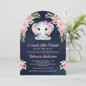 Invitation Cute Pink Bow Floral Elephant Navy Baby Shower (Debout devant)