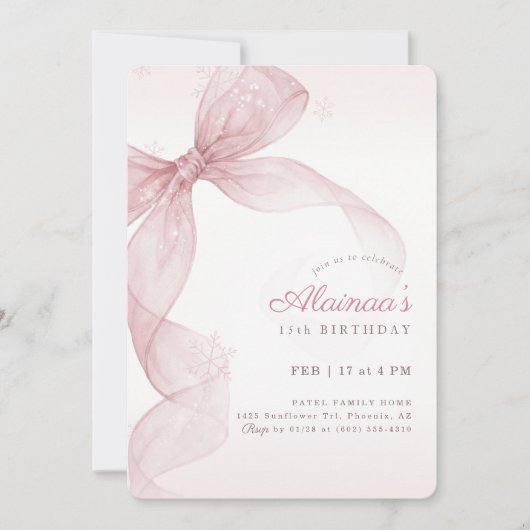 Invitation Cute Pink Bow Girl 15th Winter Birthday Party (Devant)