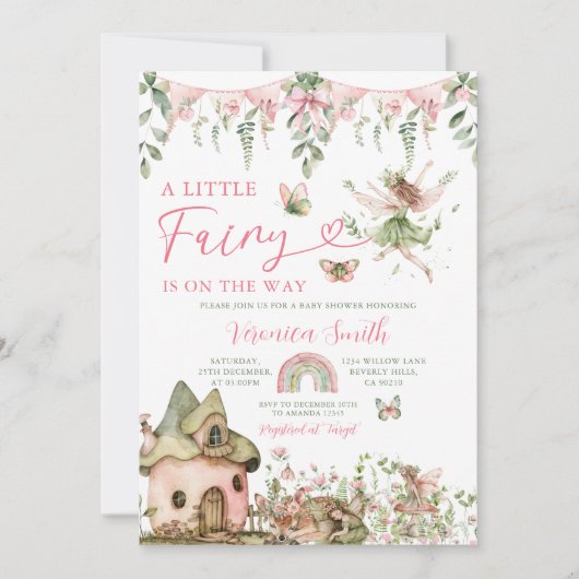 Invitation Cute Pink Bow Little Fairy Wildflowers Baby Shower (Devant)