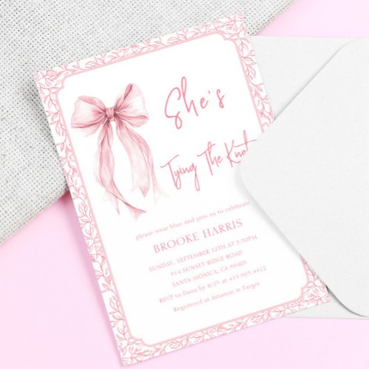 Invitation Cute Pink Bow She's Tying The Knot Bridal Shower