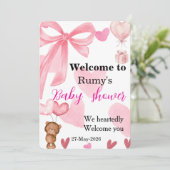 Invitation Cute Pink Bow Teddy Bear Shower Welcome (Debout devant)