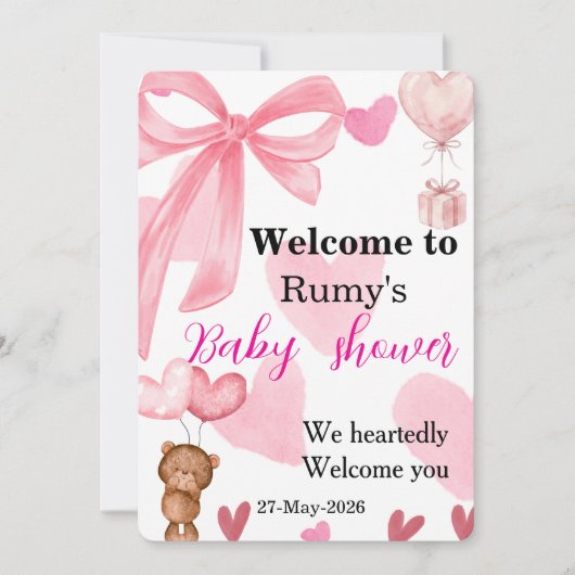 Invitation Cute Pink Bow Teddy Bear Shower Welcome (Devant)