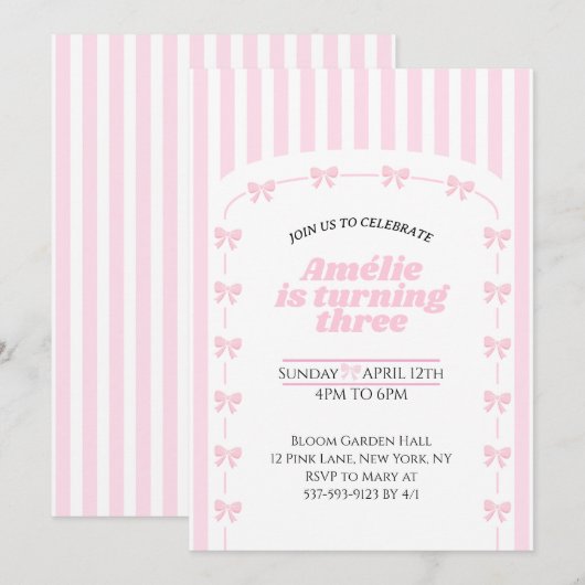 Invitation Cute Pink Coquette Bow 3rd Birthday Girl  (Devant / Derrière)