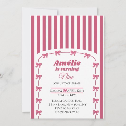 Invitation Cute Pink Coquette Bow Girl 9th Birthday  (Devant)