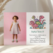 Invitation Cute Pink Dinosaur Photo Kids 3rd Birthday Party