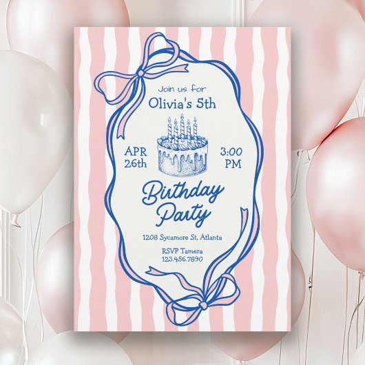 Invitation Cute Pink Doodle Frame and Bows 5th Birthday